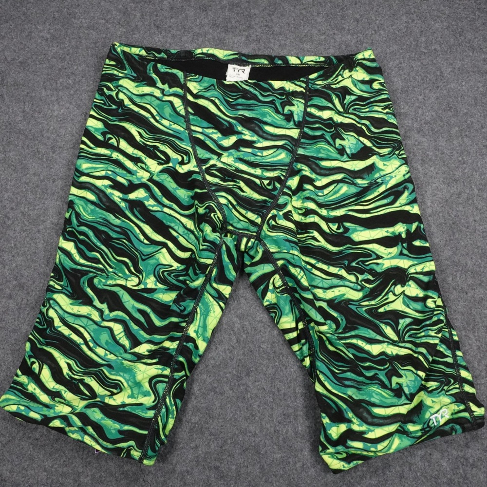 TYR Mens Swim Jammers Green Black Marble Swirl Training Trunks Size 36 CL001UM